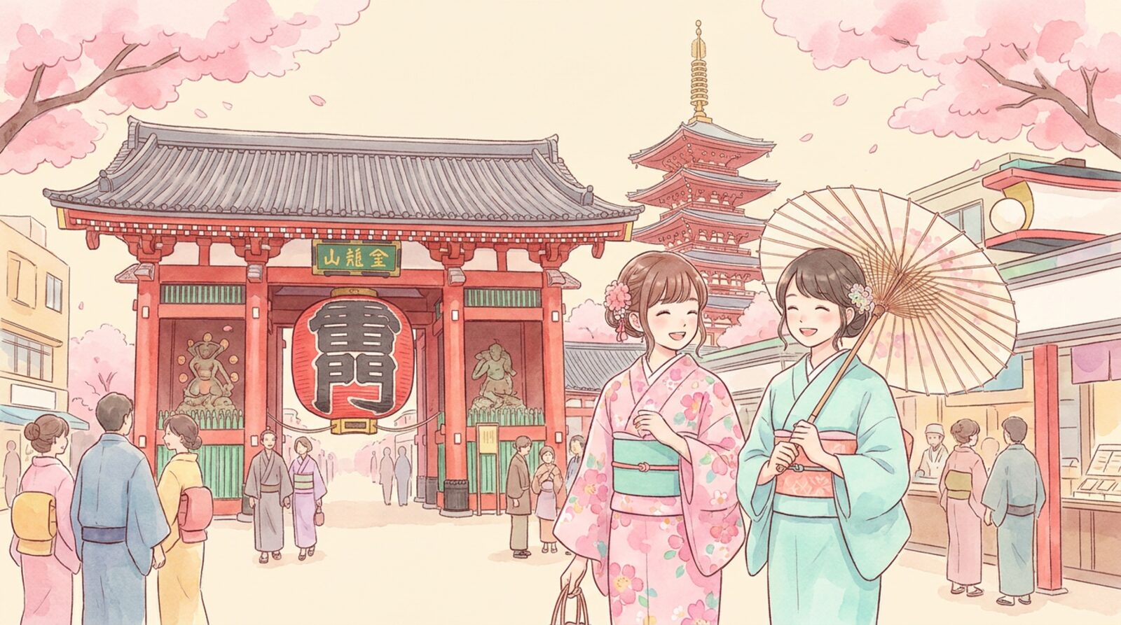 아사쿠사를 유카타로 걷는 두 사람의 그림