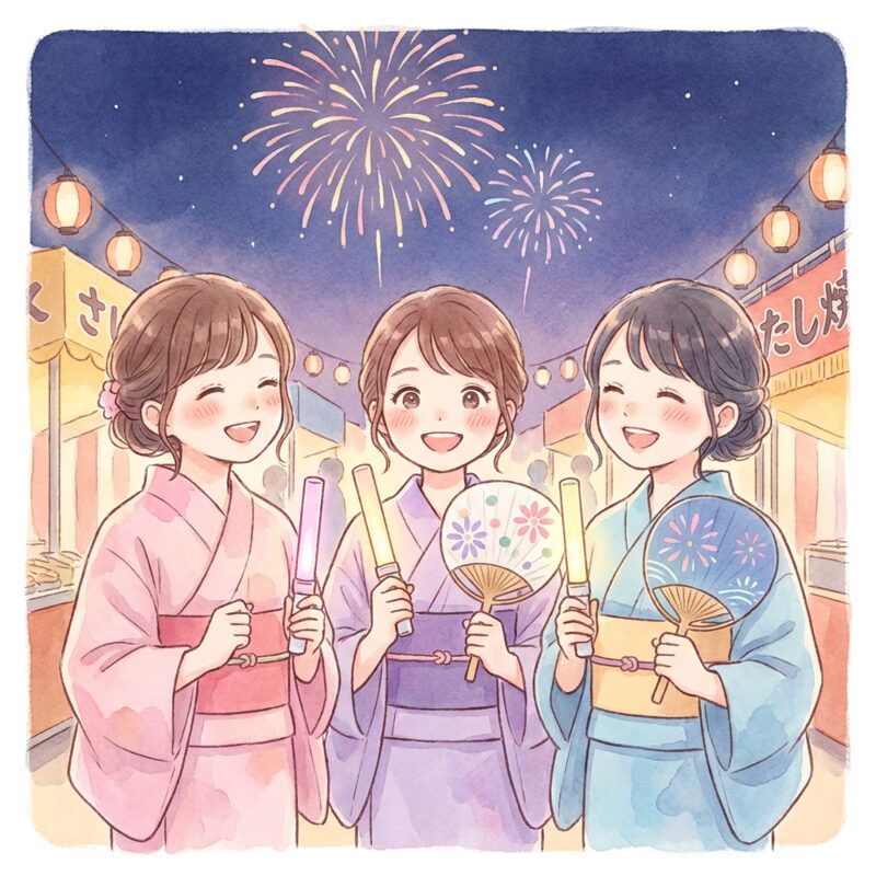 유색의 유카타로 펜 라이트를 가진 세 사람
